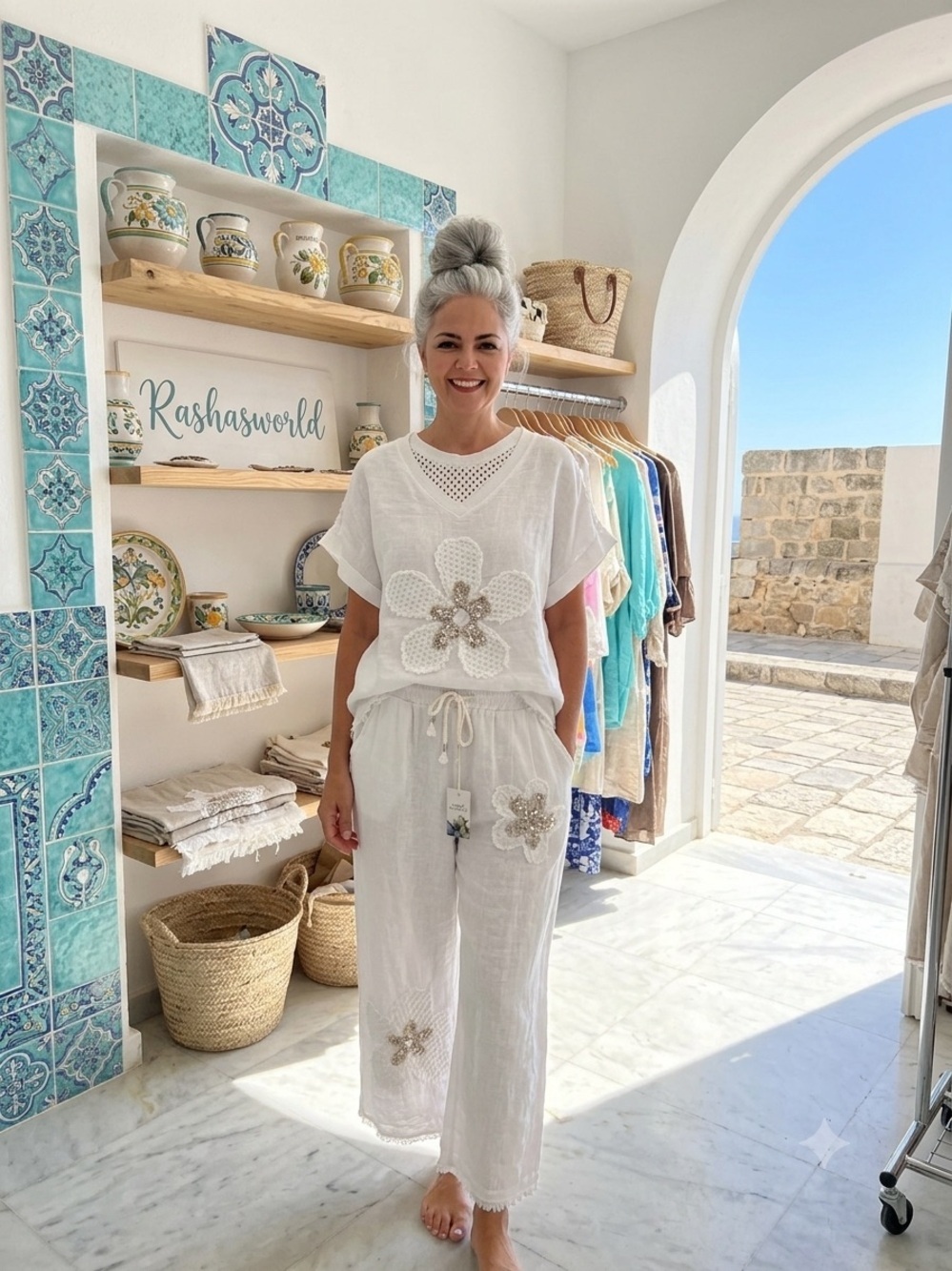 Rashasworld 100% linen white flower embroidered Wide Leg Pants & Top Set O/S